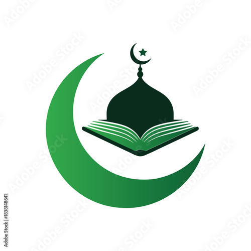 Islamic Crescent Moon with Open Holy Book, Mosque Dome and Star Symbol of Faith, Knowledge, and Devotion for Muslims Globally