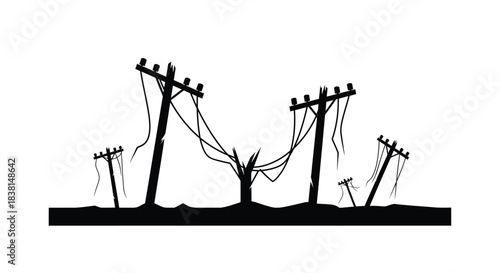 Silhouette of damaged and broken utility poles with dangling wires against a stark white background