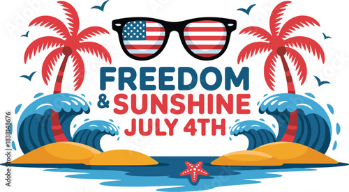 Vibrant summer celebration graphic featuring patriotic sunglasses, tropical palms, and ocean waves, symbolizing freedom and sunny holiday joy