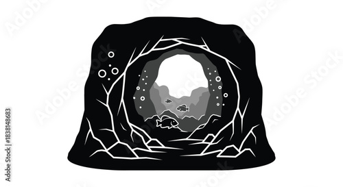 Minimalist black and white view looking out from a dark underwater cave toward the surface