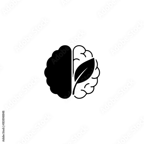 Brain icon split in two halves, one solid black and one with a leaf representing nature, growth, or ecofriendly thinking, white