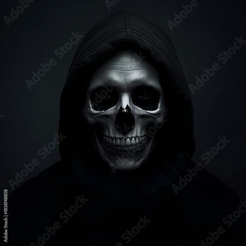 High-Contrast Grim Reaper Skull Portrait in Dark Hood