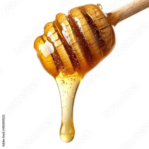 Golden honey dripping from wooden dipper isolated on white back fresh healthy delicious food ingredient isolated on transparent background