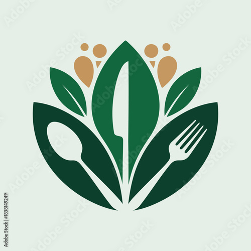 Food icon with spoon, fork, knife, and stylized leaves and figures, symbolizing health and wellness in a culinary context