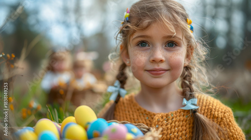 Girl with bunny ears and Easter basket in flower field during spring egg hunt with children