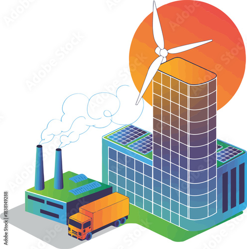 Sustainable industrial complex with solar panels and wind turbine powering a truck, representing green energy and eco-friendly transportation solutions