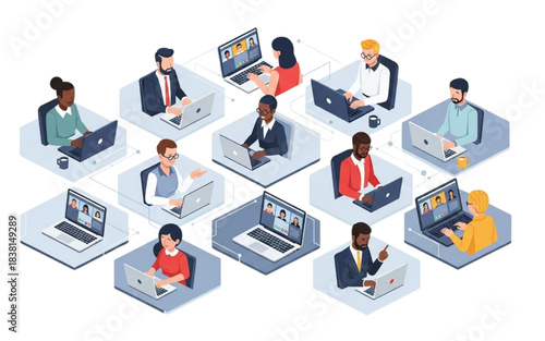 Remote Team Working Online – Virtual Office Collaboration and Video Meeting Vector Illustration