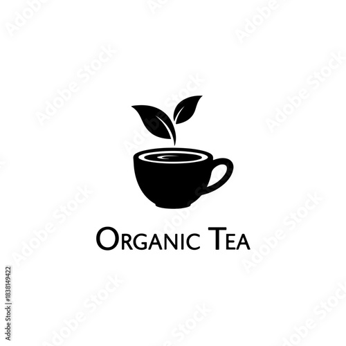 Organic tea logo icon in black silhouette with leaves steaming from cup