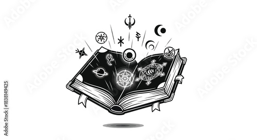 Mystical spell book opens releasing glowing occult symbols and esoteric astrological magic energy