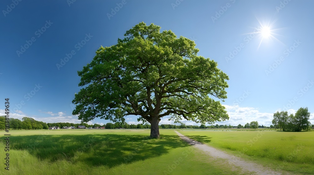 Obraz premium A grand leafy oak tree is the focal point of a sun drenched green meadow with a rustic dirt path leading towards it under a bright blue sky