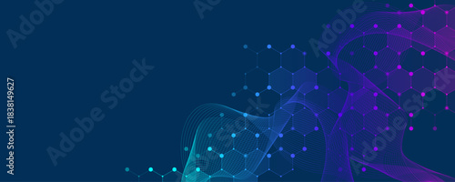 Molecular abstract structure and genetic engineering DNA. Healthcare and medicine background concept. Scientific research background. Wave flow. Innovation pattern. Vector illustration.