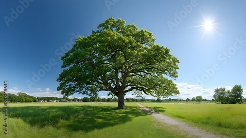 Fototapeta Naklejka Na Ścianę i Meble -  A grand leafy oak tree is the focal point of a sun drenched green meadow with a rustic dirt path leading towards it under a bright blue sky
