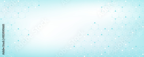 Modern health care or medical background design. Health care innovation concept. Horizontal header web banner. Abstract geometric background with hexagon shapes for medicine, science, chemistry.