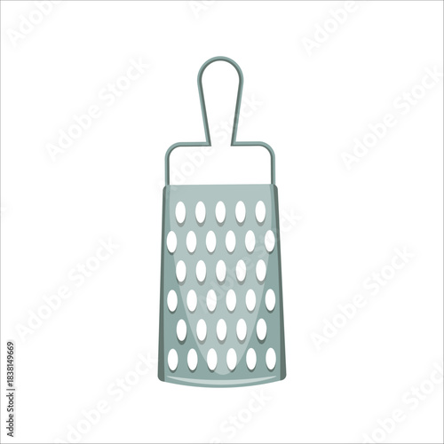 Metal kitchen grater isolated on white. Tool for shredding cheese, vegetables, and ingredients.