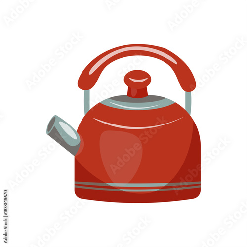 Red kettle isolated on white. Kitchen appliance for boiling water, tea preparation, and home decor.