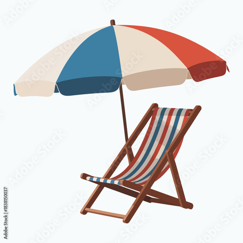 Relaxing beach scene with a striped deck chair under a classic red, white, and blue umbrella, perfect for summer vacation and outdoor leisure activities