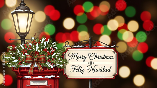 Festive Christmas mailbox with holiday decorations and illuminated street lamp in blurred colorful background