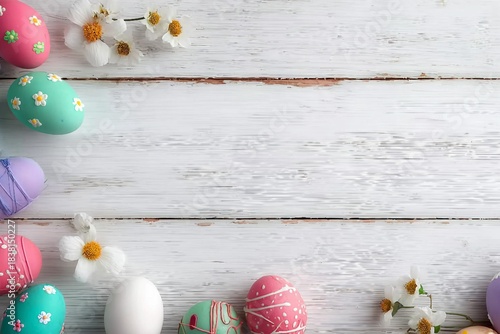 Easter background image with free space for text. Top view of white wooden surface.