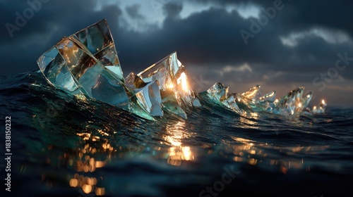 Surreal Ocean Of Shattered Glass With Jagged Waves
