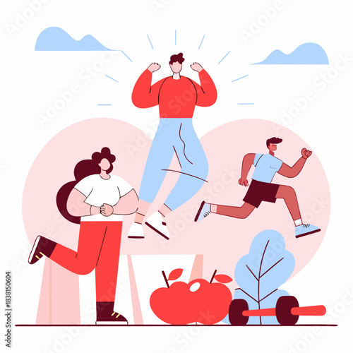 People Running and Exercising Outdoors Vector Illustration