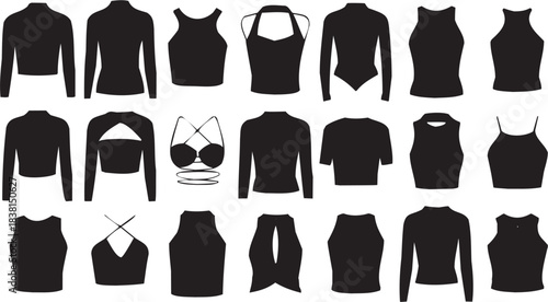 Women's Lingerie and Clothing in Various Styles. A black-and-white fashion illustration representing diversity