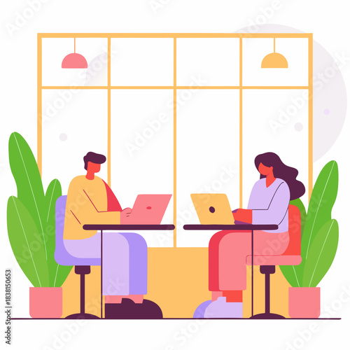 Coworking Office Space With Man and Woman Working on Laptops