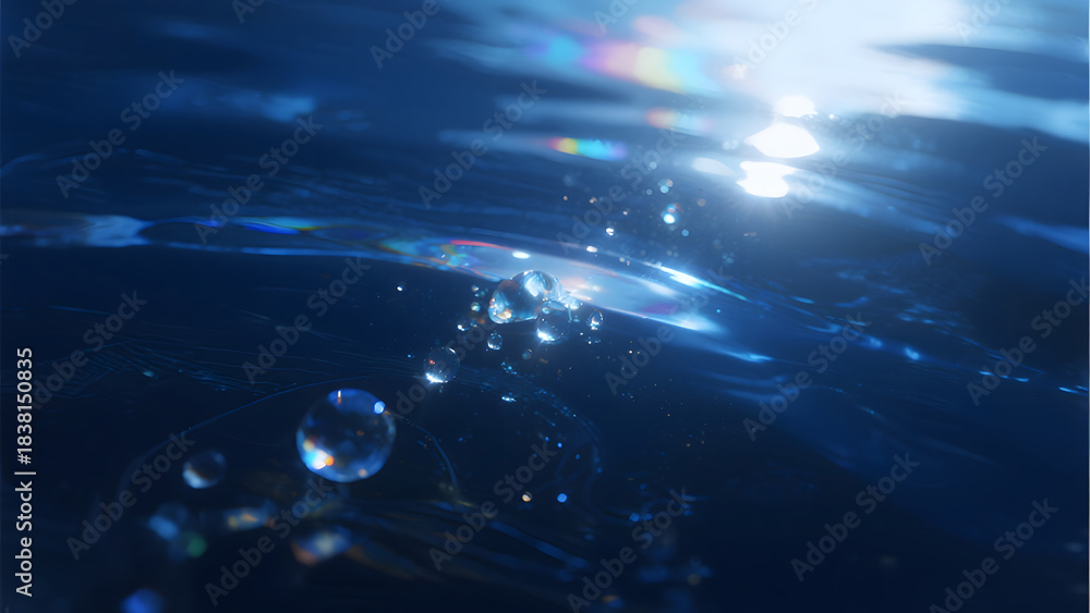 Fototapeta premium Water Droplets, Sunlight Reflection, Blue Background, Rainbow Effect, Nature Closeup