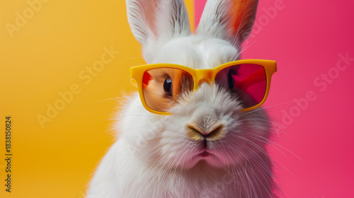 A charming white bunny poses in vibrant yellow sunglasses against a soft golden yellow background. The sleek glasses and warm tones give this image a modern