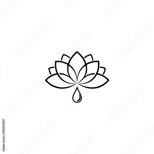 Minimalist black and white line art logo of a lotus flower with a single drop of water falling from the center