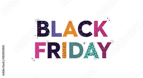 Colorful and patterned 'Black Friday' text graphic on a clean white background, signaling a major retail sales event.