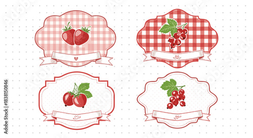 Set of four decorative labels with illustrations of red strawberries, red currants, and rose hips, perfect for homemade jams and preserves.