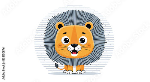 A cute, happy baby lion with a fluffy grey mane and an orange face stands cheerfully, looking forward with big, bright eyes, perfect for children's designs.