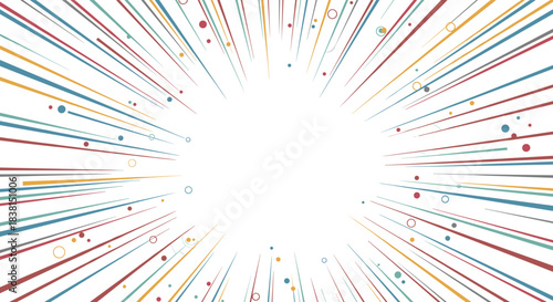 Colorful abstract background with dynamic radiating lines and scattered dots creating a burst effect, perfect for design and presentation.