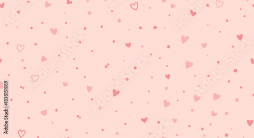 Sweet pink background with hand-drawn hearts and scattered dots, creating a cute and gentle seamless pattern perfect for romantic or playful designs.