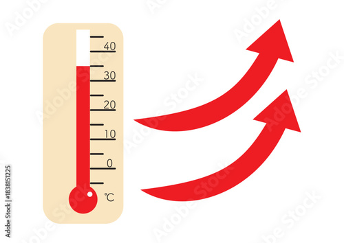 高温を示すシンプルな温度計と２重の上昇矢印のイラスト