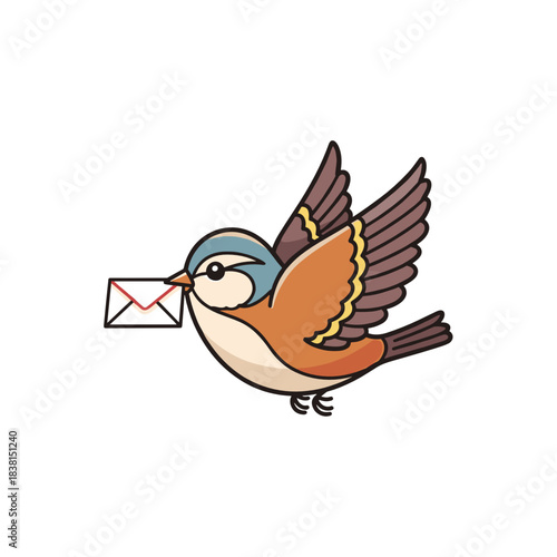 Bird delivering a tiny letter in its beak as part of the concept of Cute winter birds  