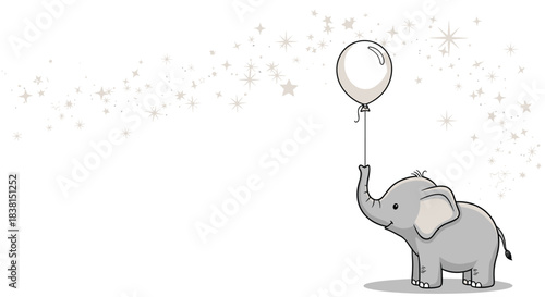 An adorable cartoon baby elephant holds a white balloon with its trunk, surrounded by subtle sparkling stars, on a bright white background.