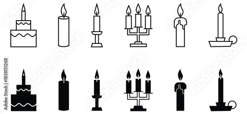 Collation of candles silhouette and line icons. Black linear symbols on a white background. Minimalist vector icon set featuring various candle designs. Candles flaming vector.