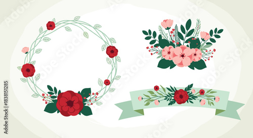 Collection of decorative vector floral elements: a round wreath, a compact bouquet, and a ribbon banner, featuring red and pink flowers with green leaves.