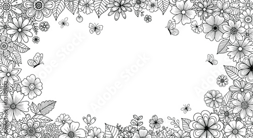 Detailed outline of diverse flowers and graceful butterflies forming an elegant decorative border, ideal for creative coloring activities.