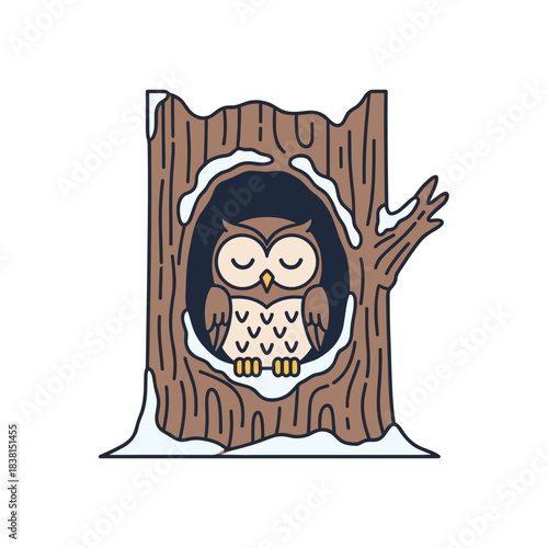 Owl sleeping peacefully in snowy tree hollow