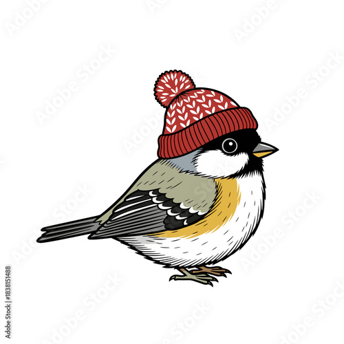 Tiny bird wearing a red knitted winter hat in a playful stance  