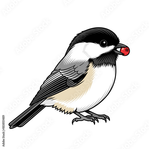 Chickadee holding a tiny cranberry in its beak, concept of cute winter birds  