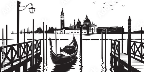 Silhouettes of Venice with Gondolas and Buildings. A black-and-white illustration representing travel and architecture