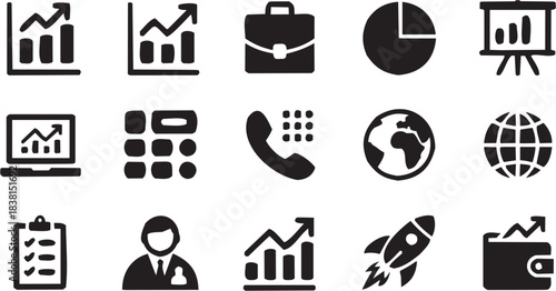 Business and Communication Icons Including Phones and Globes. A black-and-white illustration representing connectivity.