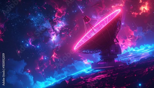 Giant radar dish brightly lit in pink stands on an alien planet under a colorful nebula sky