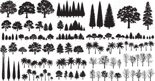 Collection of black silhouette trees and plants for landscape or forest design