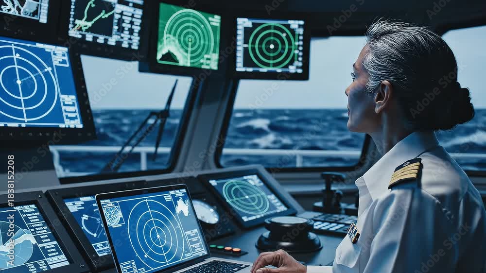 Female ship captain reviewing radar data on a laptop at the helm of a ...