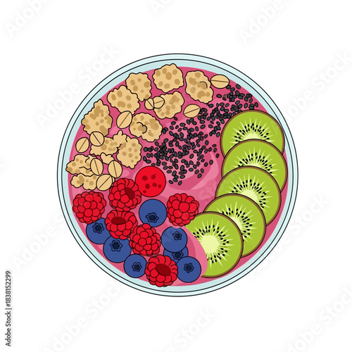 A vibrant and healthy smoothie bowl, viewed from above, featuring a pink base topped with fresh kiwi slices, raspberries, blueberries, granola, and chia seeds.