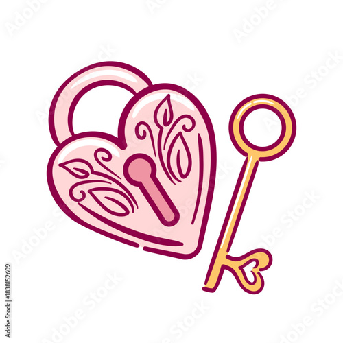 A heart-shaped padlock and a vintage key , clean lines, minimal flat colors, perfect for logo or valentine design, scalable vector, friendly modern style